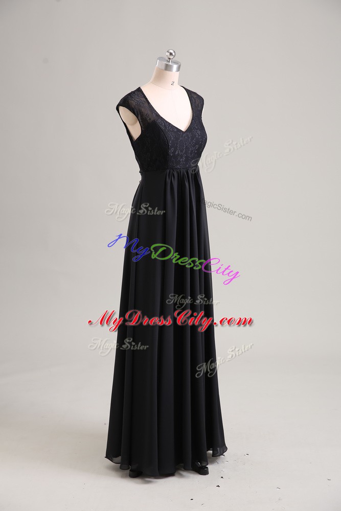 Suitable Floor Length Black Prom Dress V-neck Cap Sleeves Zipper