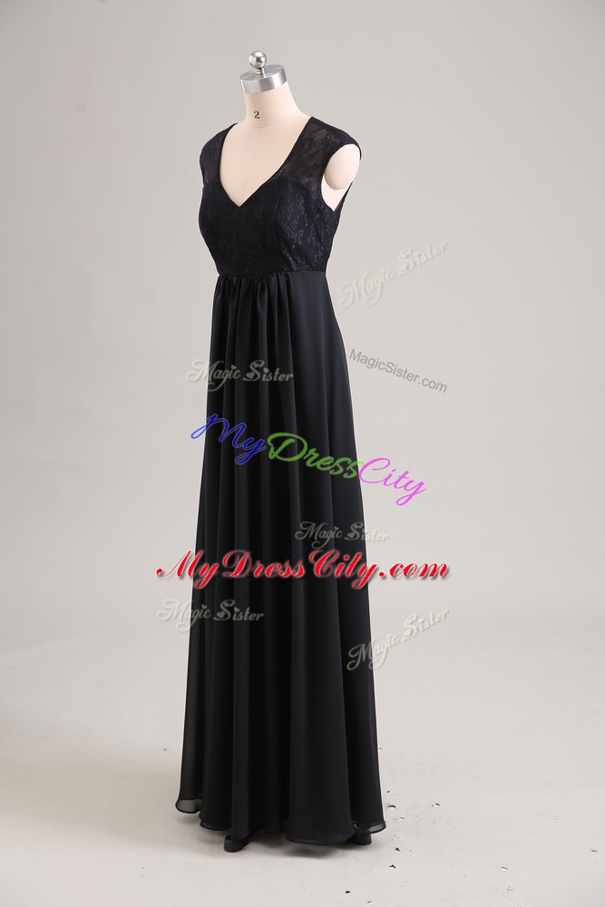 Suitable Floor Length Black Prom Dress V-neck Cap Sleeves Zipper