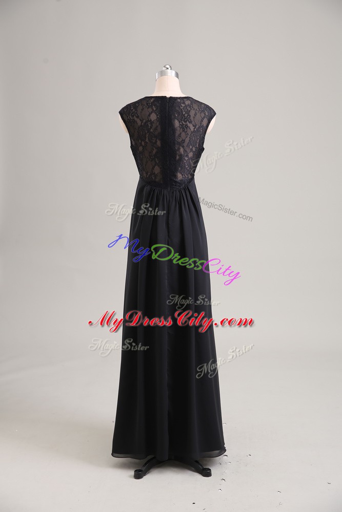 Suitable Floor Length Black Prom Dress V-neck Cap Sleeves Zipper