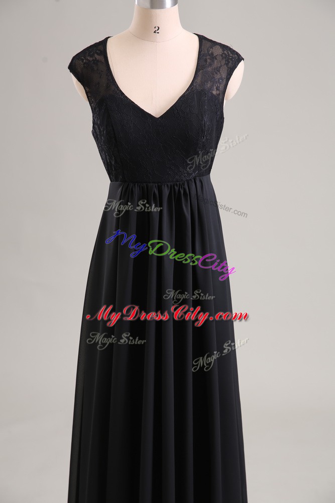 Suitable Floor Length Black Prom Dress V-neck Cap Sleeves Zipper