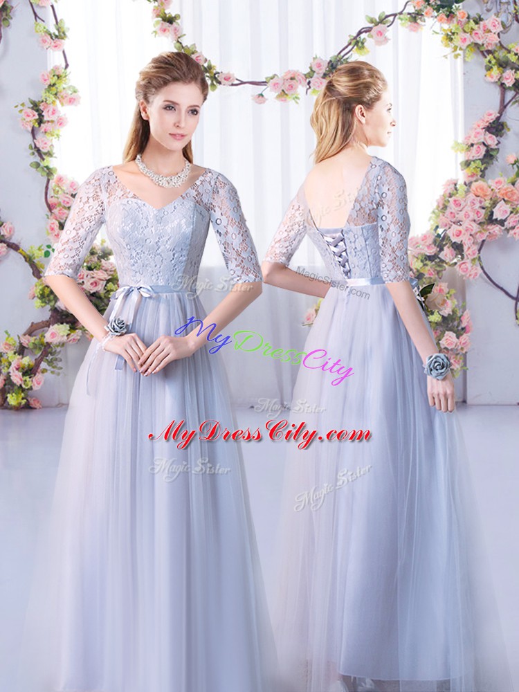 Flare Floor Length Grey Bridesmaids Dress V-neck Half Sleeves Lace Up