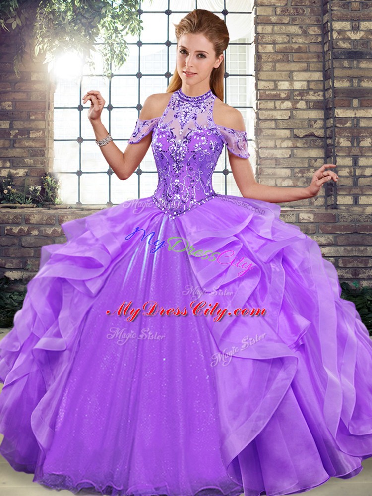 Lavender Organza Lace Up Quinceanera Dresses Sleeveless Floor Length Beading and Ruffles