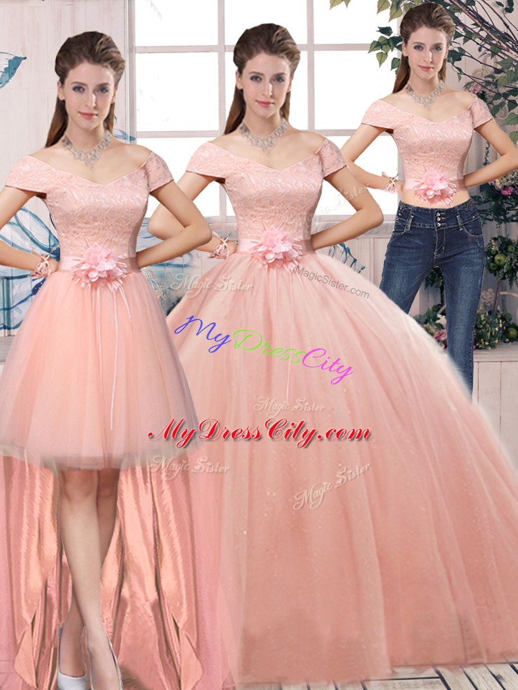 Pink Tulle Lace Up Quinceanera Gown Short Sleeves Floor Length Lace and Hand Made Flower