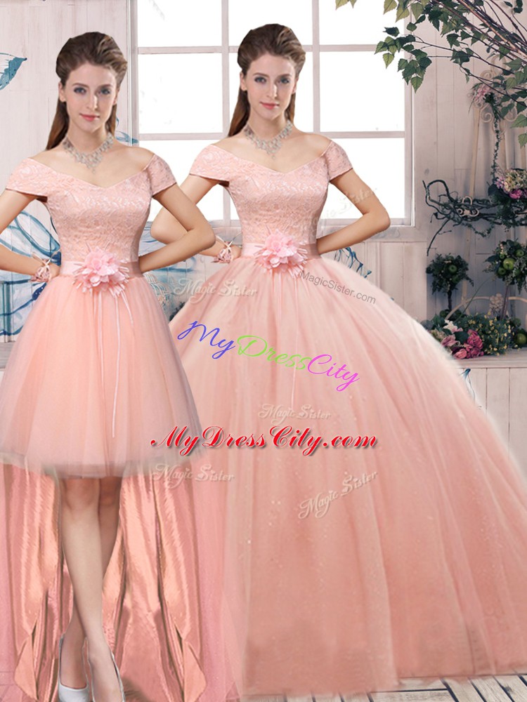 Pink Tulle Lace Up Quinceanera Gown Short Sleeves Floor Length Lace and Hand Made Flower