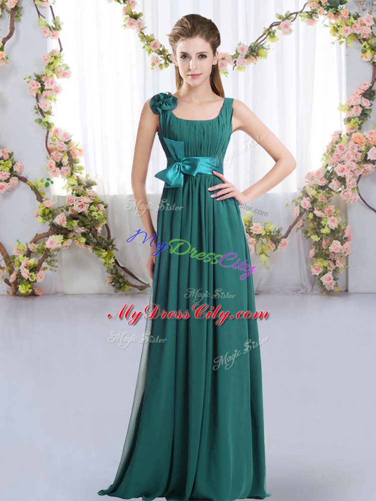 Peacock Green Sleeveless Belt and Hand Made Flower Floor Length Bridesmaid Dresses