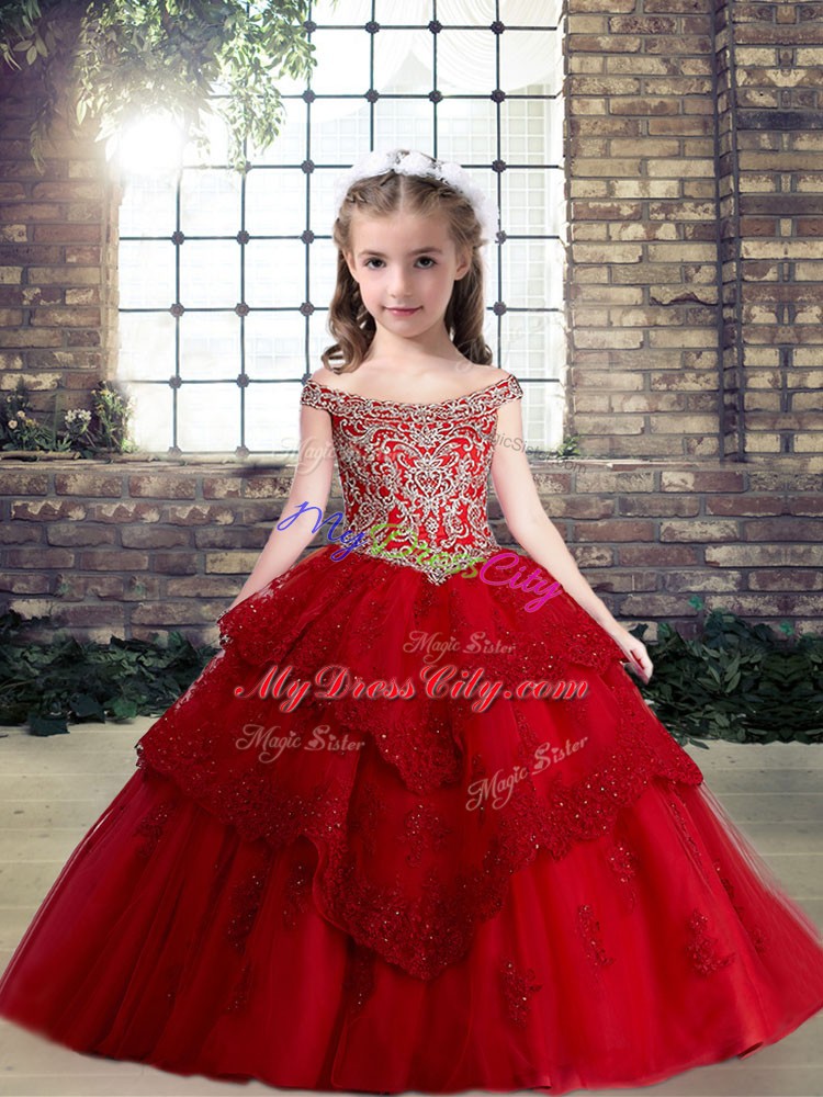 Attractive Floor Length Lace Up Custom Made Pageant Dress Red for Party and Military Ball and Wedding Party with Lace and Appliques