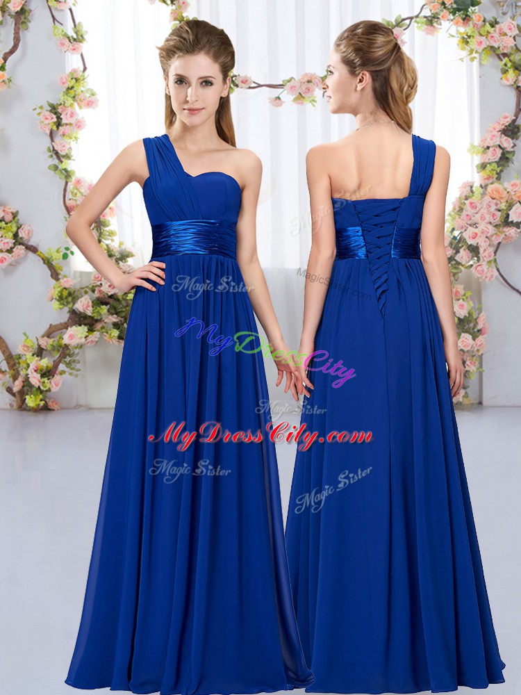 Designer Royal Blue Empire One Shoulder Sleeveless Chiffon Floor Length Lace Up Belt Wedding Guest Dresses