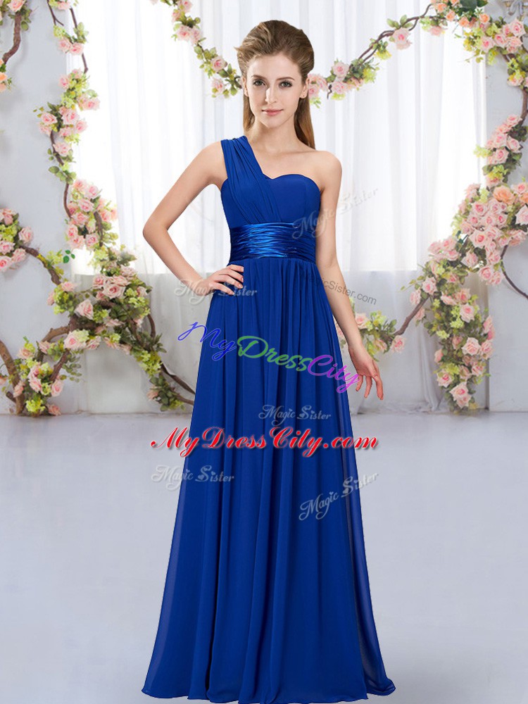 Designer Royal Blue Empire One Shoulder Sleeveless Chiffon Floor Length Lace Up Belt Wedding Guest Dresses