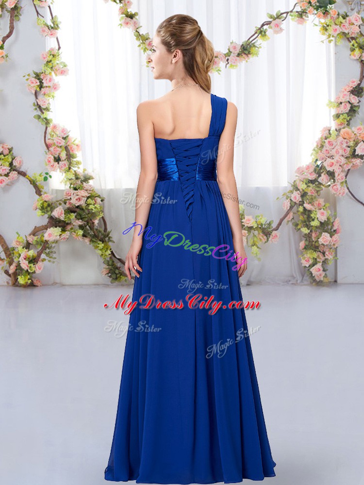 Designer Royal Blue Empire One Shoulder Sleeveless Chiffon Floor Length Lace Up Belt Wedding Guest Dresses