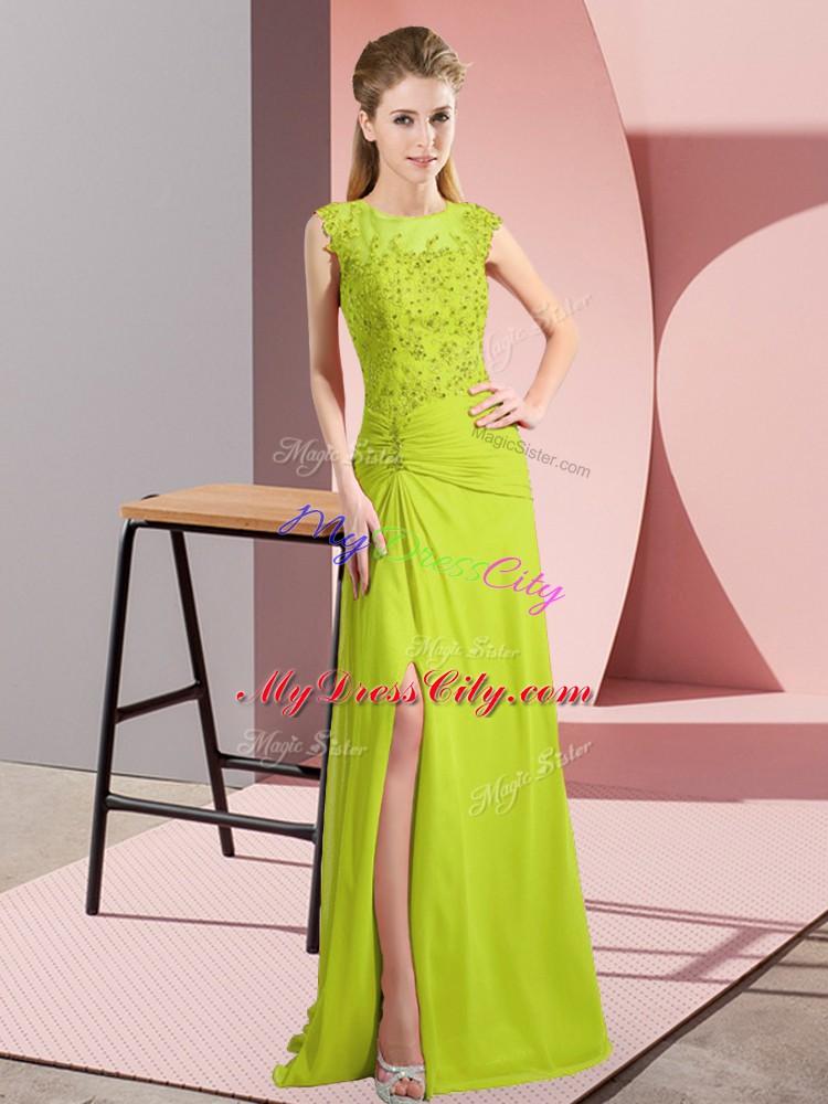 Latest Floor Length Zipper Prom Party Dress Yellow Green for Prom and Party and Military Ball with Beading