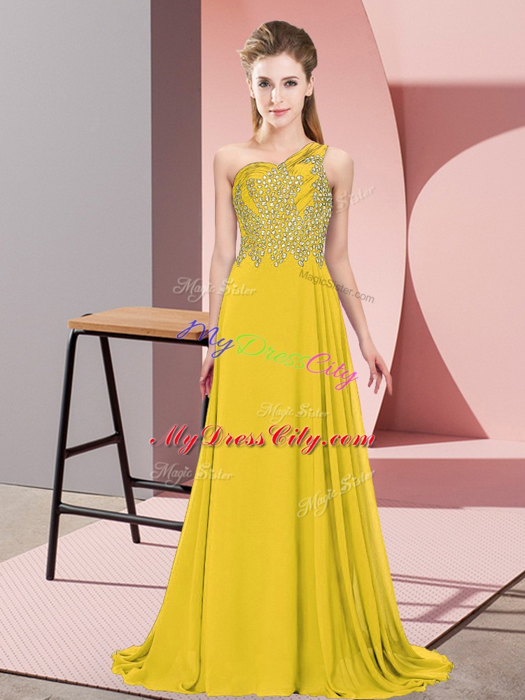 Latest One Shoulder Sleeveless Side Zipper Prom Evening Gown Gold Chiffon