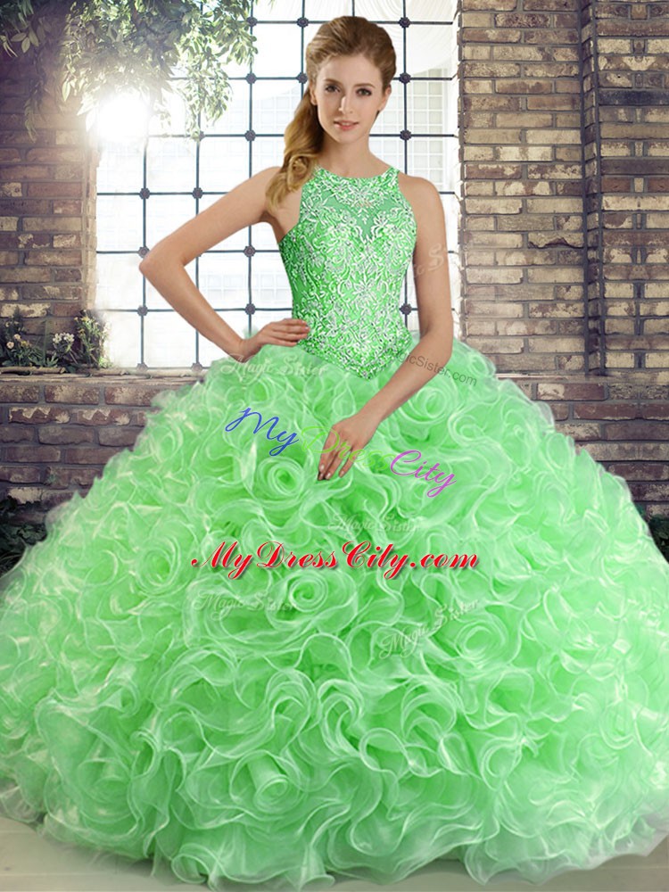 Green Ball Gowns Fabric With Rolling Flowers Scoop Sleeveless Beading Floor Length Lace Up 15 Quinceanera Dress