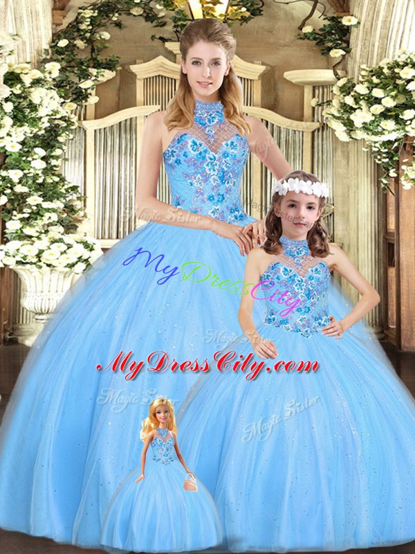 Fine Floor Length Baby Blue 15 Quinceanera Dress Halter Top Sleeveless Lace Up