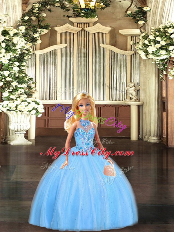 Fine Floor Length Baby Blue 15 Quinceanera Dress Halter Top Sleeveless Lace Up