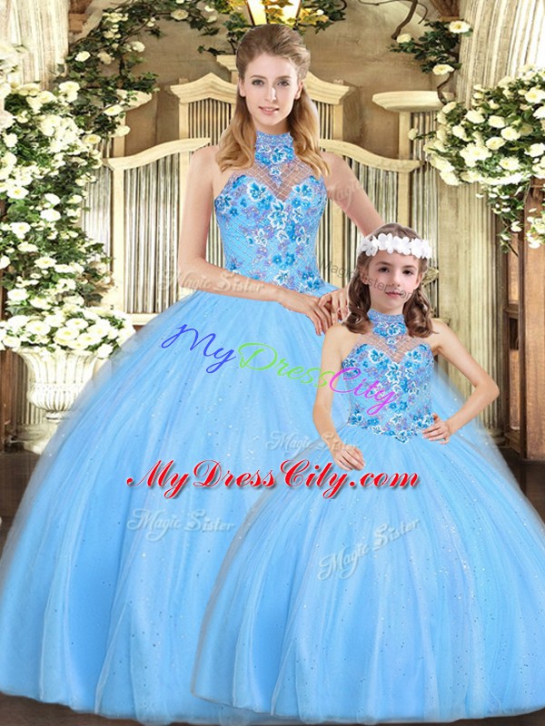 Fine Floor Length Baby Blue 15 Quinceanera Dress Halter Top Sleeveless Lace Up