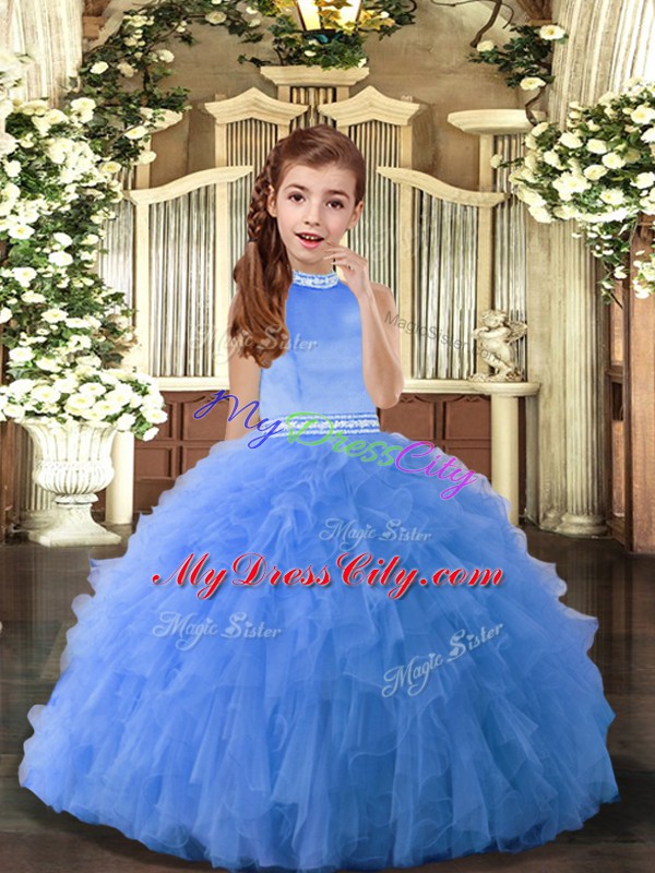 Glorious Blue Ball Gowns Tulle Halter Top Sleeveless Beading Floor Length Backless Little Girls Pageant Dress