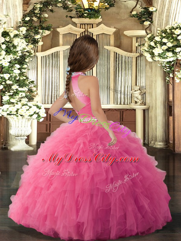 Glorious Blue Ball Gowns Tulle Halter Top Sleeveless Beading Floor Length Backless Little Girls Pageant Dress