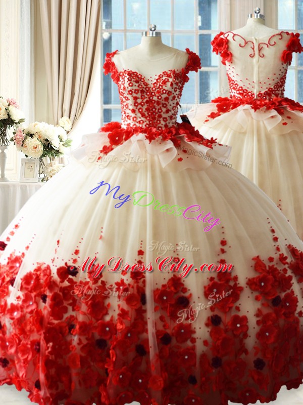 Glittering Hand Made Flower Vestidos de Quinceanera White And Red Zipper Sleeveless Brush Train