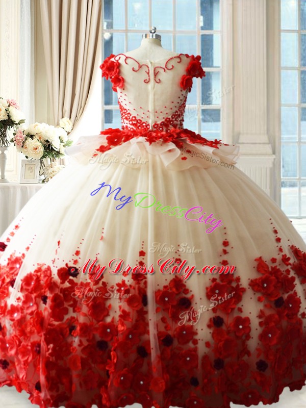 Glittering Hand Made Flower Vestidos de Quinceanera White And Red Zipper Sleeveless Brush Train