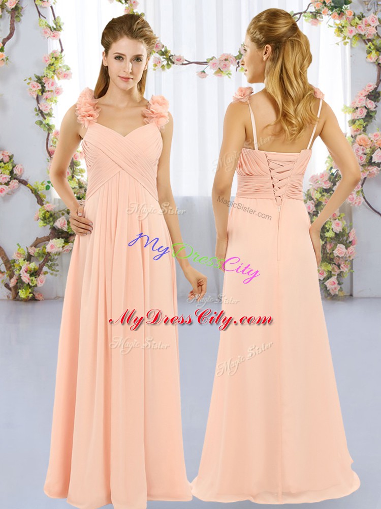 Peach Lace Up Straps Hand Made Flower Dama Dress for Quinceanera Chiffon Sleeveless