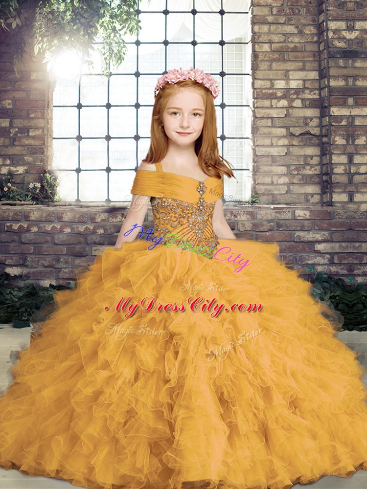 Floor Length Ball Gowns Sleeveless Gold Little Girl Pageant Dress Lace Up