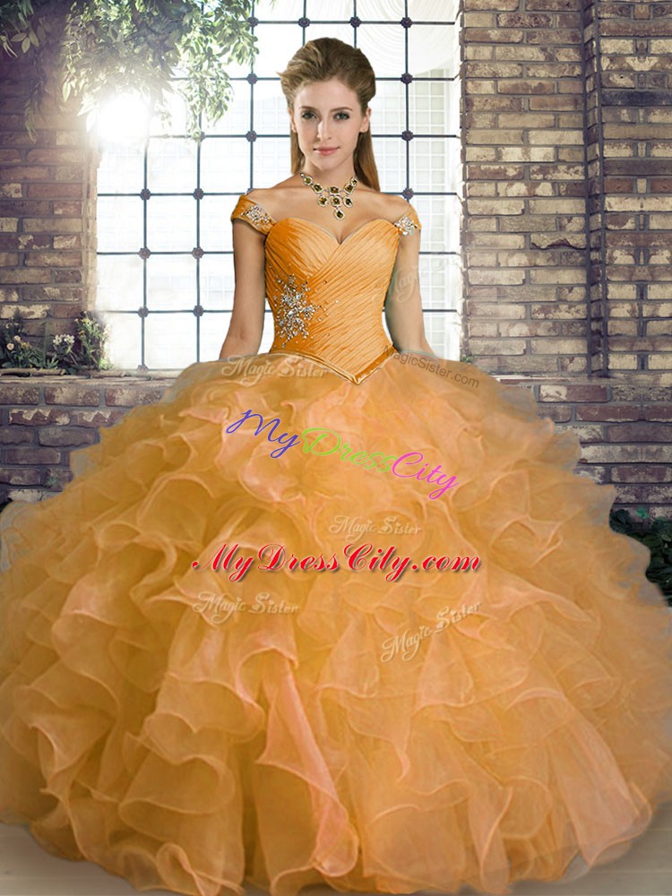 Fantastic Orange Sleeveless Floor Length Beading and Ruffles Lace Up Ball Gown Prom Dress