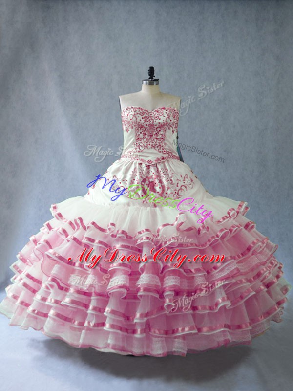 Latest Sleeveless Floor Length Embroidery and Ruffled Layers and Bowknot Lace Up Quinceanera Dress with Pink And White