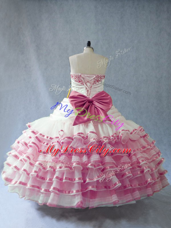 Latest Sleeveless Floor Length Embroidery and Ruffled Layers and Bowknot Lace Up Quinceanera Dress with Pink And White