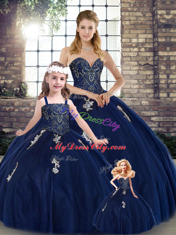 Tulle Sweetheart Sleeveless Lace Up Beading and Appliques Ball Gown Prom Dress in Navy Blue