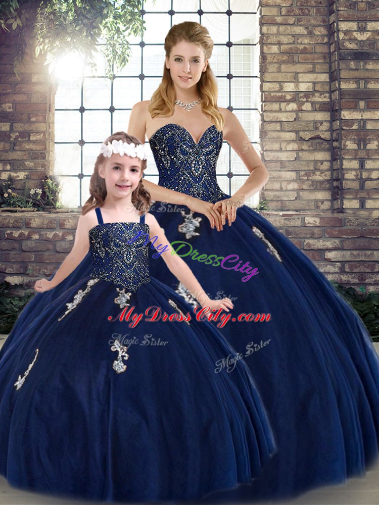 Tulle Sweetheart Sleeveless Lace Up Beading and Appliques Ball Gown Prom Dress in Navy Blue