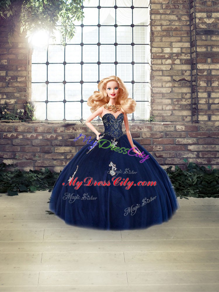 Tulle Sweetheart Sleeveless Lace Up Beading and Appliques Ball Gown Prom Dress in Navy Blue