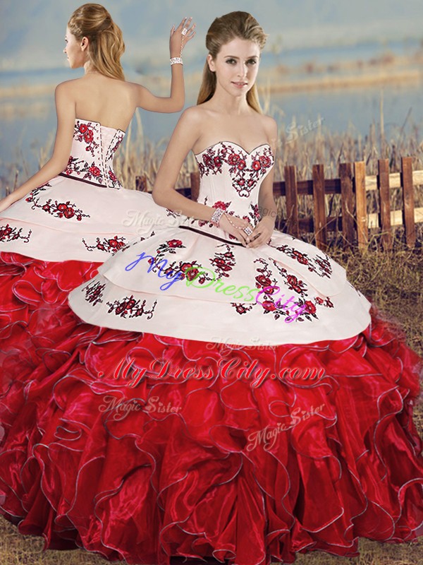 Floor Length White And Red 15 Quinceanera Dress Sweetheart Sleeveless Lace Up