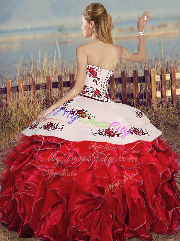 Floor Length White And Red 15 Quinceanera Dress Sweetheart Sleeveless Lace Up