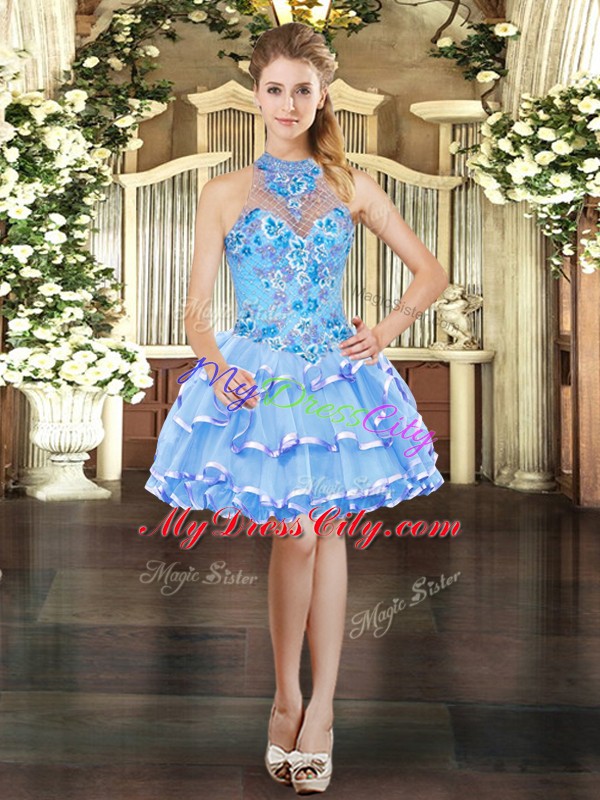 Cheap Blue Three Pieces Halter Top Sleeveless Organza Floor Length Lace Up Embroidery and Ruffled Layers Sweet 16 Dresses