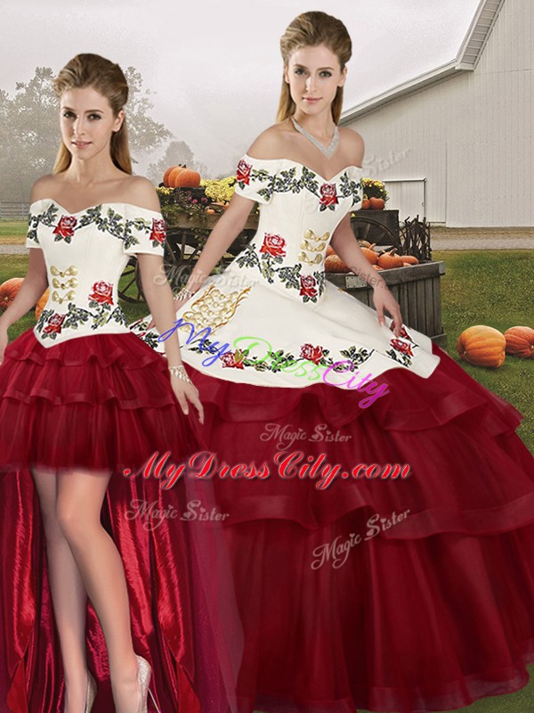 Fantastic Off The Shoulder Sleeveless Sweet 16 Quinceanera Dress Brush Train Embroidery and Ruffled Layers Wine Red Tulle