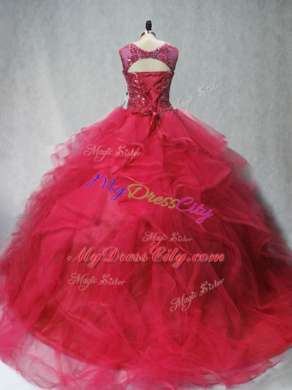 Coral Red Sleeveless Brush Train Beading and Ruffles 15th Birthday Dress