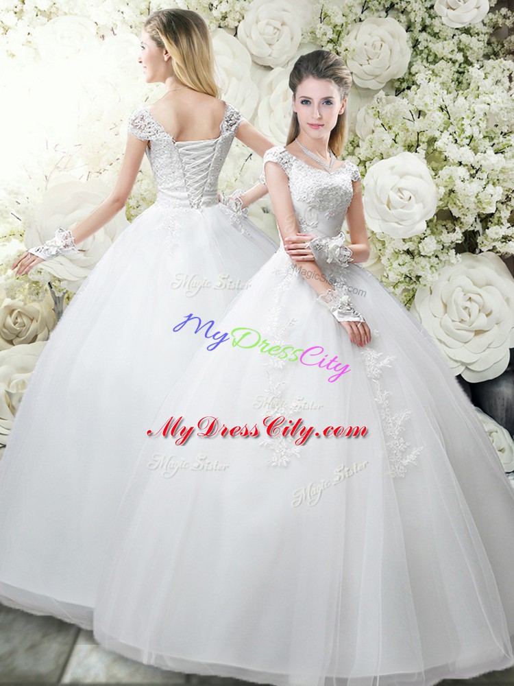 Fashion Floor Length White Wedding Gown Tulle Cap Sleeves Appliques