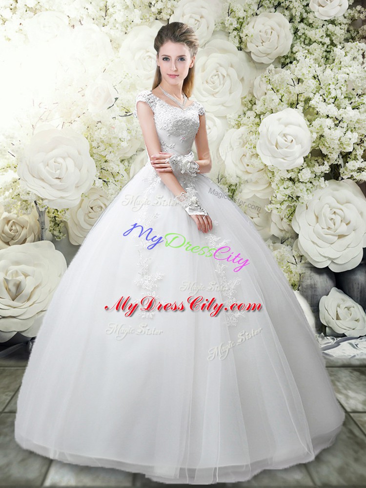 Fashion Floor Length White Wedding Gown Tulle Cap Sleeves Appliques