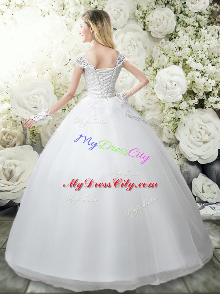 Fashion Floor Length White Wedding Gown Tulle Cap Sleeves Appliques