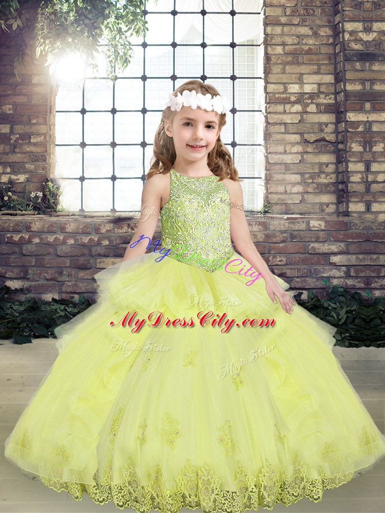 Yellow Green Scoop Lace Up Lace and Appliques Evening Gowns Sleeveless