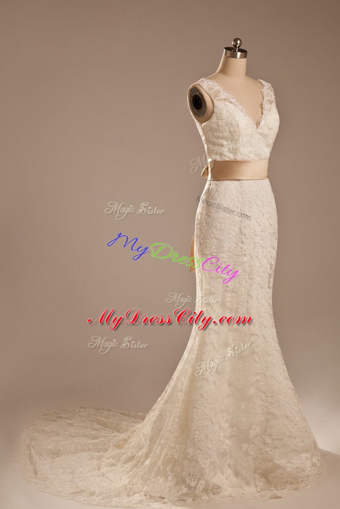 White Backless V-neck Lace and Belt Wedding Dresses Lace Sleeveless Brush Train