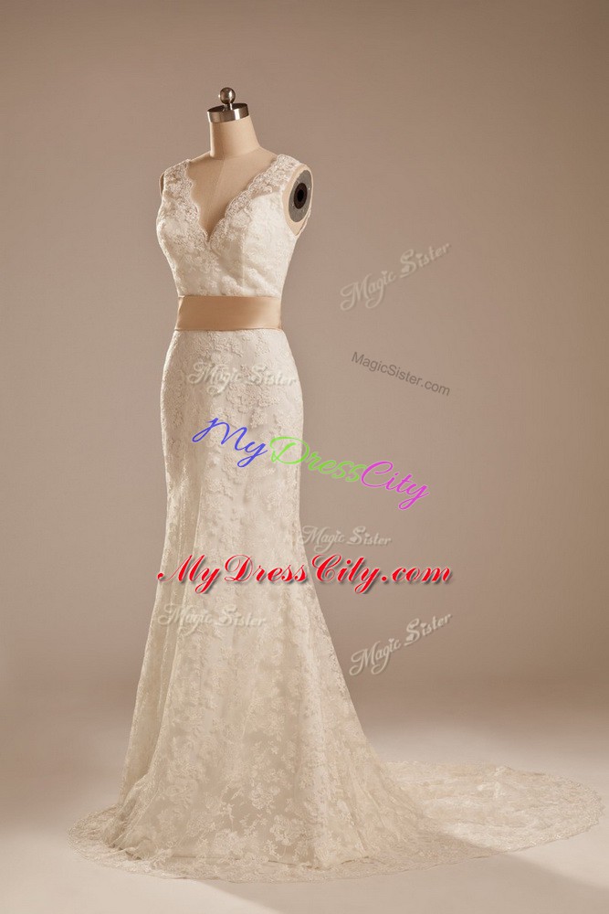 White Backless V-neck Lace and Belt Wedding Dresses Lace Sleeveless Brush Train