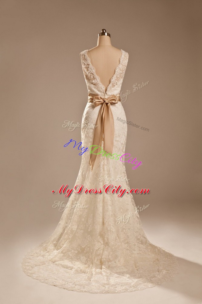 White Backless V-neck Lace and Belt Wedding Dresses Lace Sleeveless Brush Train