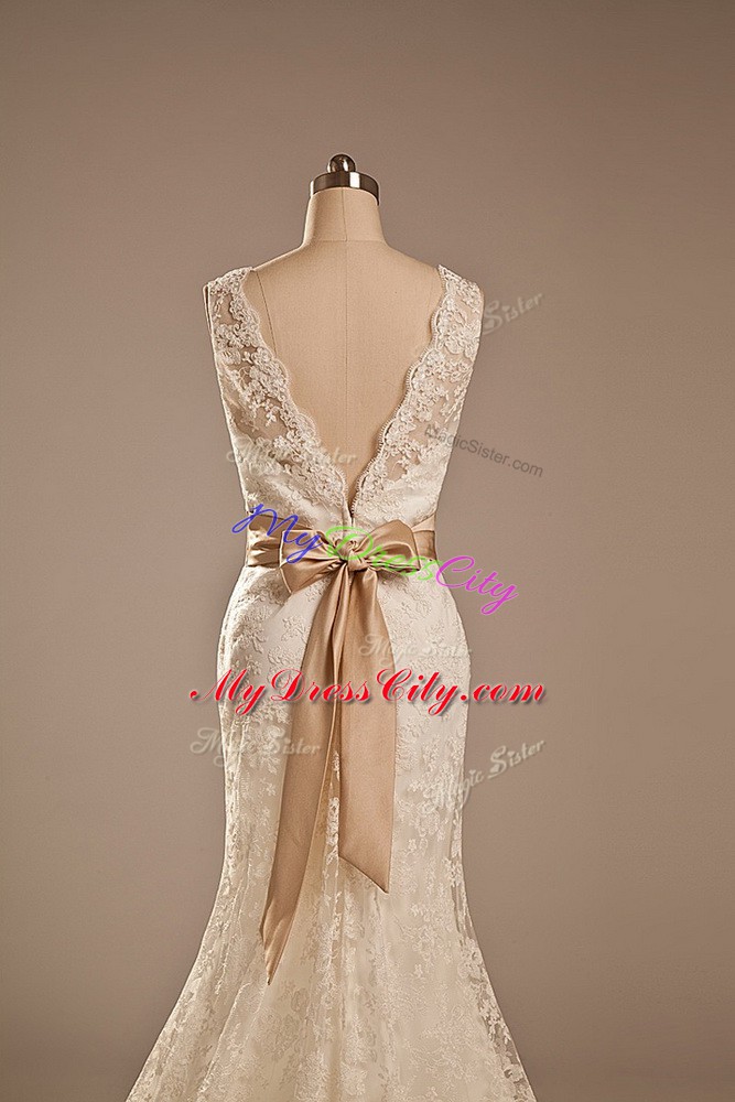 White Backless V-neck Lace and Belt Wedding Dresses Lace Sleeveless Brush Train