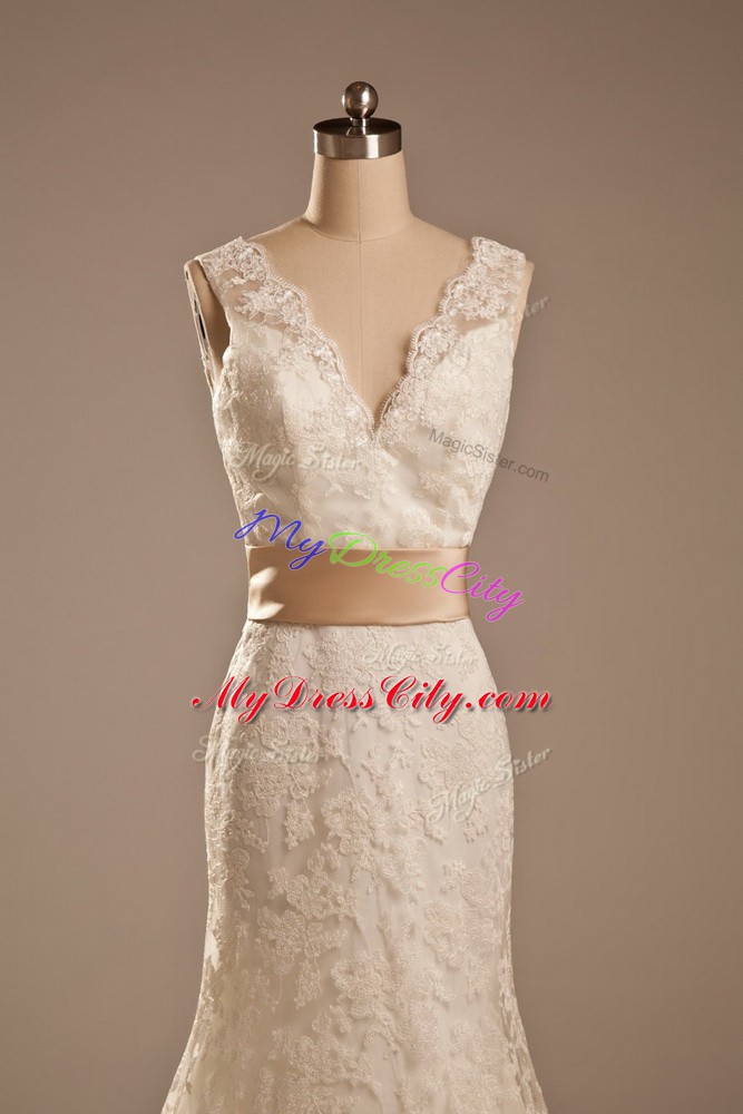 White Backless V-neck Lace and Belt Wedding Dresses Lace Sleeveless Brush Train