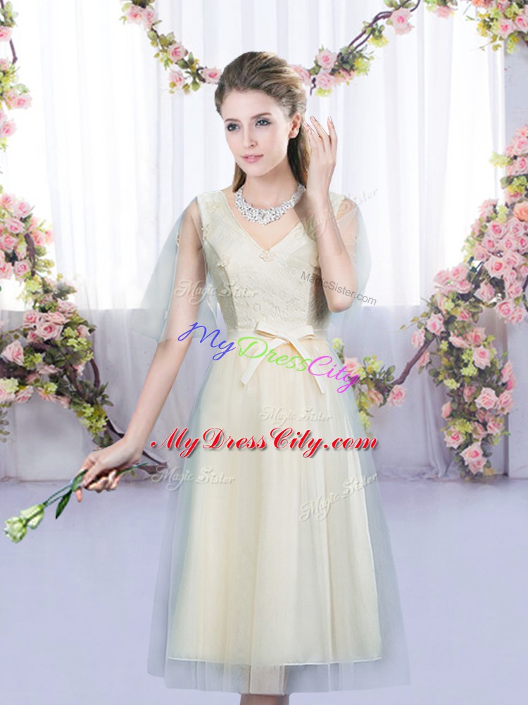 Best Selling Champagne Quinceanera Dama Dress Wedding Party with Lace and Bowknot V-neck Sleeveless Lace Up