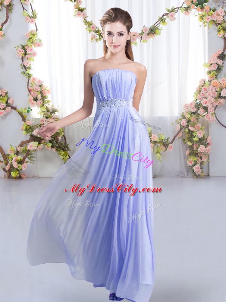 Flirting Lavender Empire Chiffon Strapless Sleeveless Beading Lace Up Damas Dress Sweep Train