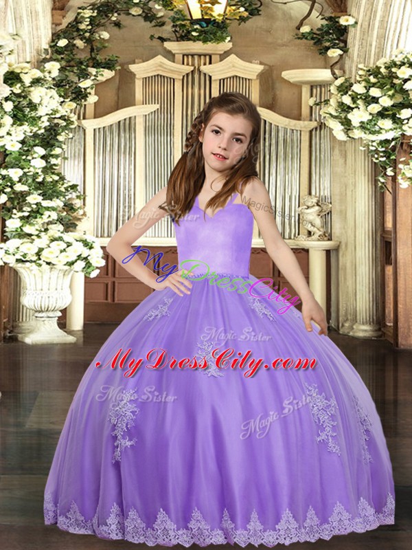 Lavender Ball Gowns Straps Sleeveless Tulle Floor Length Lace Up Appliques Pageant Dress for Womens