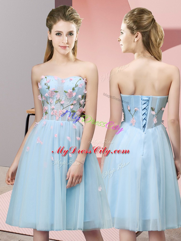 Luxurious Sleeveless Tulle Knee Length Lace Up Damas Dress in Light Blue with Appliques