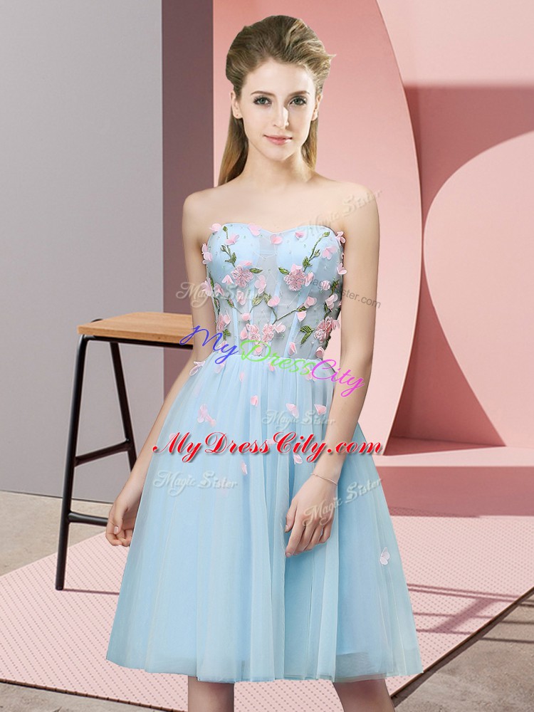 Luxurious Sleeveless Tulle Knee Length Lace Up Damas Dress in Light Blue with Appliques